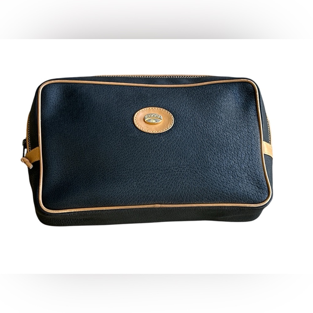 Authentic Gucci Sleek Black with Tan Men's Toiletry Pouch Clutch Bag
